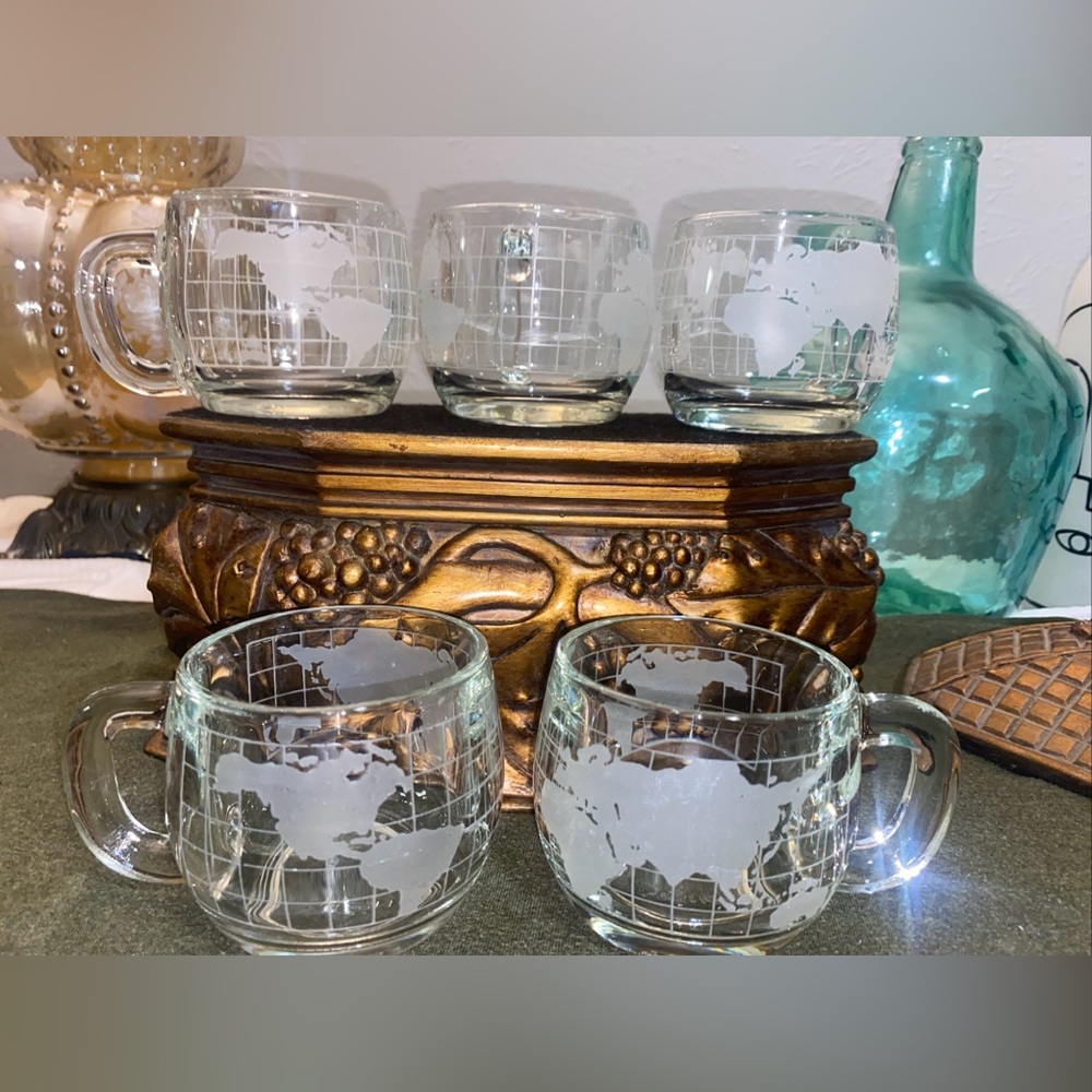 Vintage Nestle Nescafe World Globe Frosted Glass Coffee Mugs Cups - Set Of 5